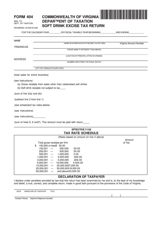 Form 404 - Commonwealth Of Virginia Department Of Taxation Soft Drink Excise Tax Return Printable pdf