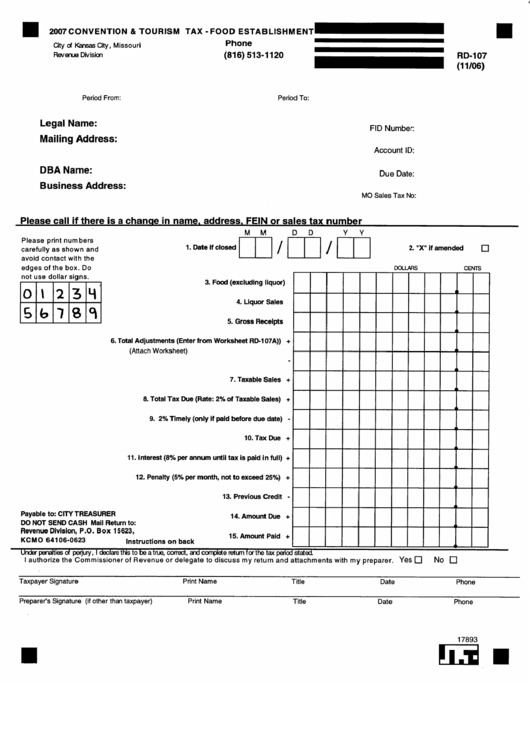 Form Rd-107 - 2007 Convention & Tourism Tax - Food Establishment Tax From - Revenue Division Of City Of Kansas City, Missouri Printable pdf