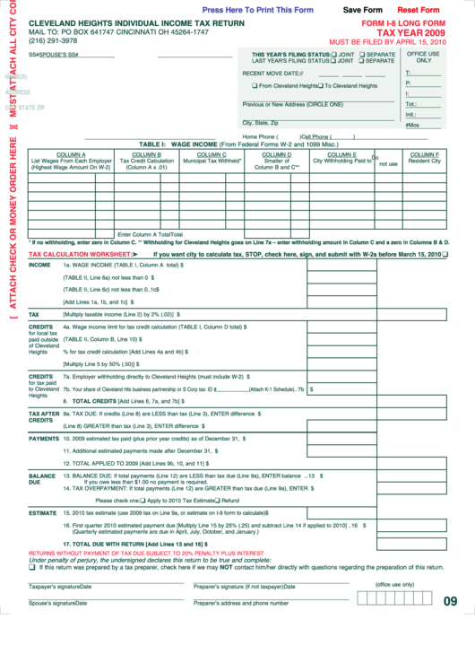 Fillable Form I-8 Long - Cleveland Heights Individual Income Tax Return - 2009 Printable pdf