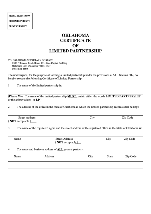 Sos Form 0028 - Oklahoma Certificate Of Limited Partnership Printable pdf