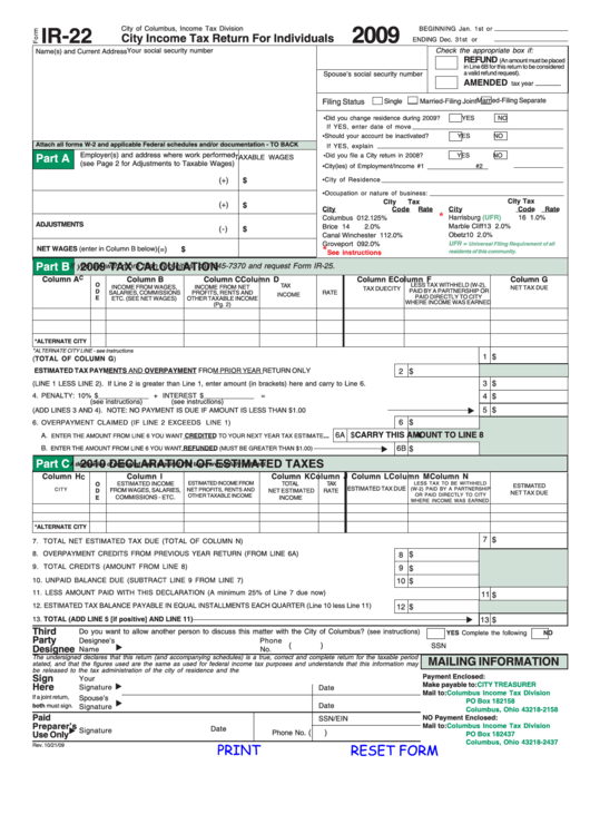 Fillable Form Ir-22 - City Income Tax Return For Individuals - 2009 Printable pdf