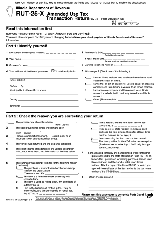 Fillable Form Rut-25-X - Amended Use Tax Transaction Return Form - 2004 Printable pdf