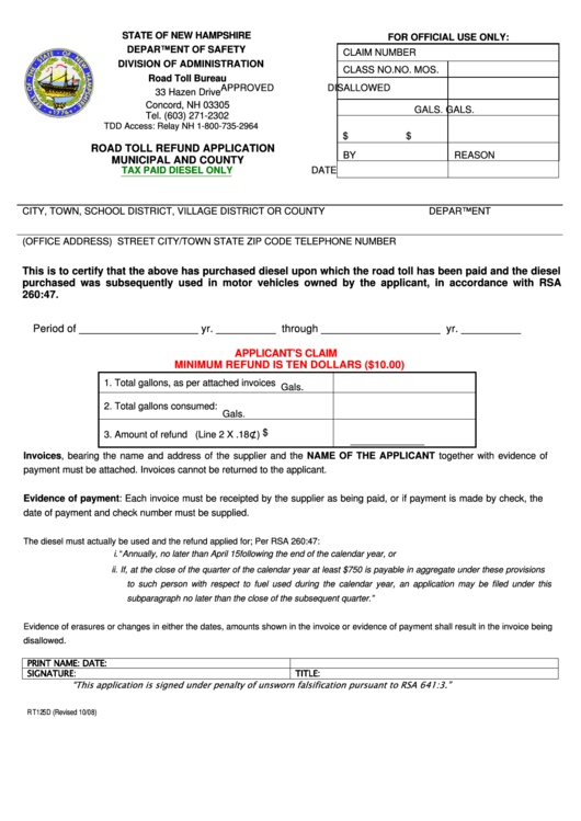 Form Rt125d - Road Toll Refund Application - Municipal And County - Tax Paid Diesel Only Printable pdf