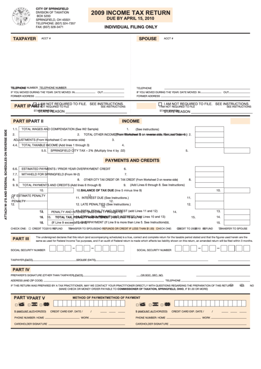 Income Tax Return Form - Springfield Income Tax Division - 2009 Printable pdf