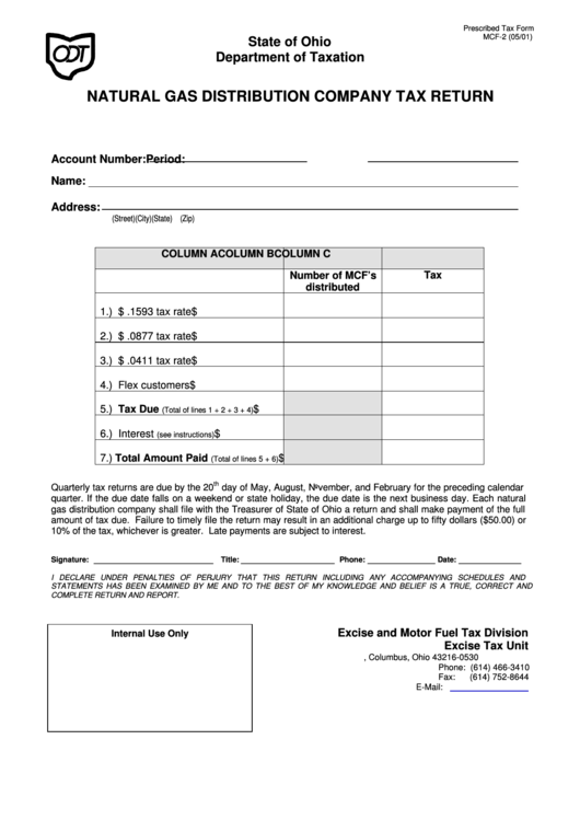 Prescribed Tax Form Mcf-2 - Natural Gas Distribution Company Tax Return - Department Of Taxation Of State Of Ohio Printable pdf