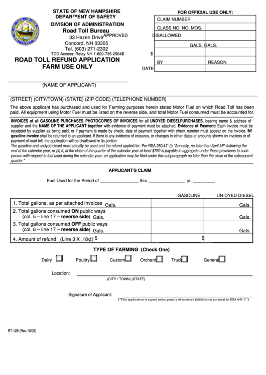 Form Rt126 - Road Toll Refund Application 2008 Printable pdf