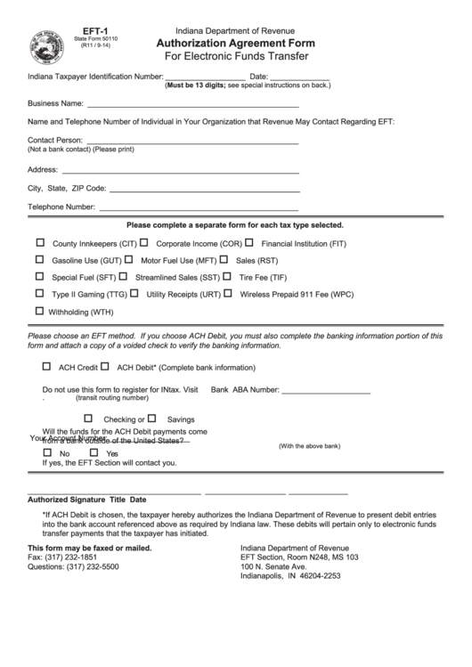 Fillable Form Eft-1 - Authorization Agreement Form For Electronic Funds Transfer - Indiana Department Of Revenue Printable pdf
