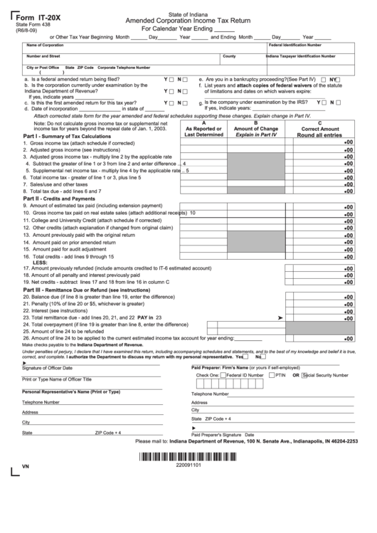 Form It-20x - Amended Corporation Income Tax Return - 2009 Printable pdf