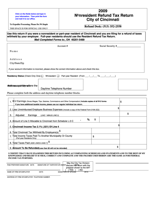 Fillable 2009 Nonresident Refund Tax Return - City Of Cincinnati Printable pdf