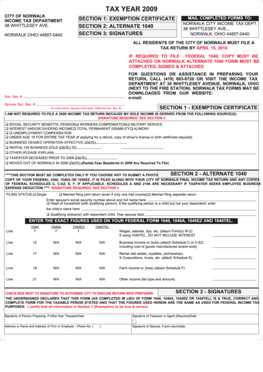 City Of Norwalk Income Tax Department Form - 2009 Printable pdf