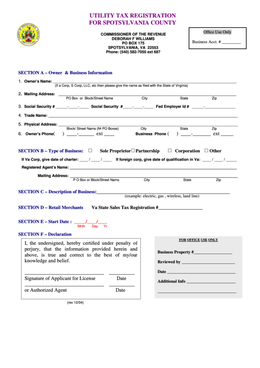 Utility Tax Registration For Spotsylvania County Form - Commissioner Of The Revenue Printable pdf