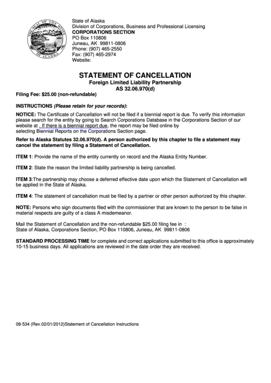 Fillable Form 08-534 - Statement Of Cancellation - Foreign Limited Liability Partnership February - 2012 Printable pdf