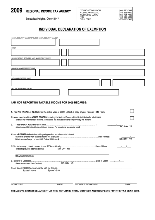 Individual Declaration Of Exemption Form - Broadview Heights, Ohio - 2009 Printable pdf