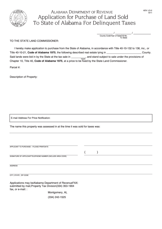 Fillable Form Adv: Ld-2 - Application For Purchase Of Land Sold To State Of Alabama For Delinquent Taxes (2011) Printable pdf
