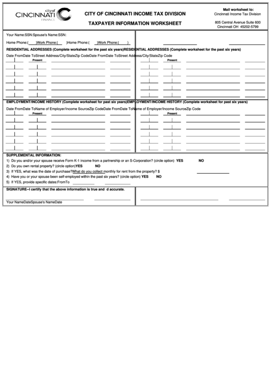 Fillable Taxpayer Information Worksheet - City Of Cincinnati Income Tax Division Printable pdf