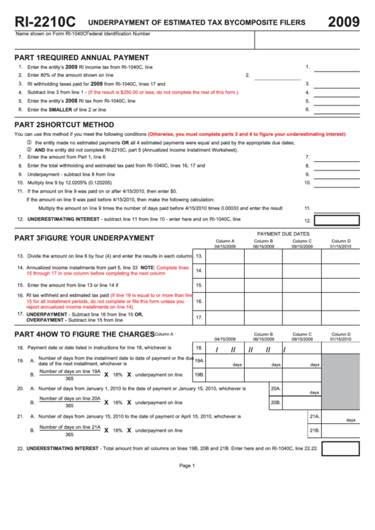 Form Ri-2210c - Underpayment Of Estimated Tax By Composite Filers - 2009 Printable pdf