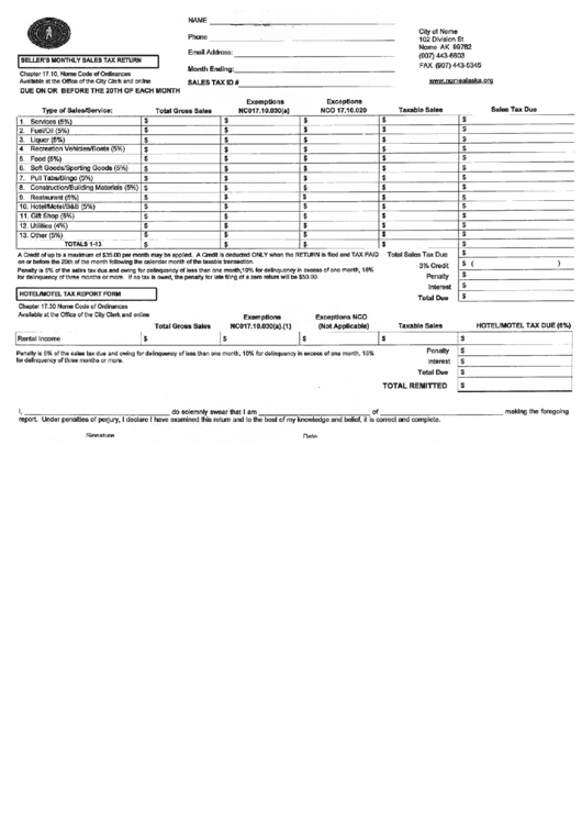Sellers Monthly Sales Tax Return - Hotel/motel Tax Report Form - City Of Nome, Alaska Printable pdf