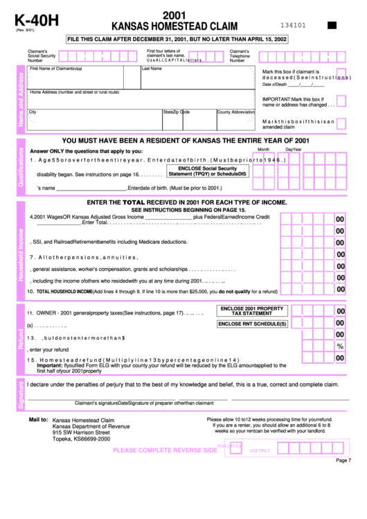 Fillable Form K-40h - Kansas Homestead Claim - 2001 Printable pdf