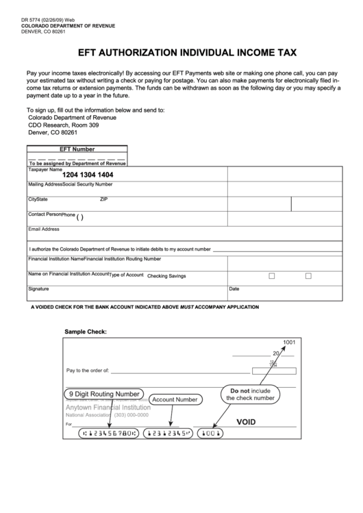 Form Dr 5774 - Eft Authorization Individual Income Tax Printable pdf
