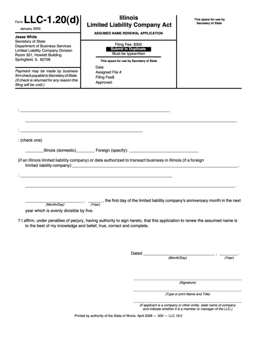 Fillable Form Llc-1.20(D) - Assumed Name Renewal Application Printable pdf