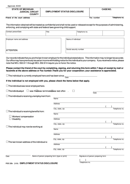 Fillable Form Foc 22b - Employment Status Disclosure Printable pdf