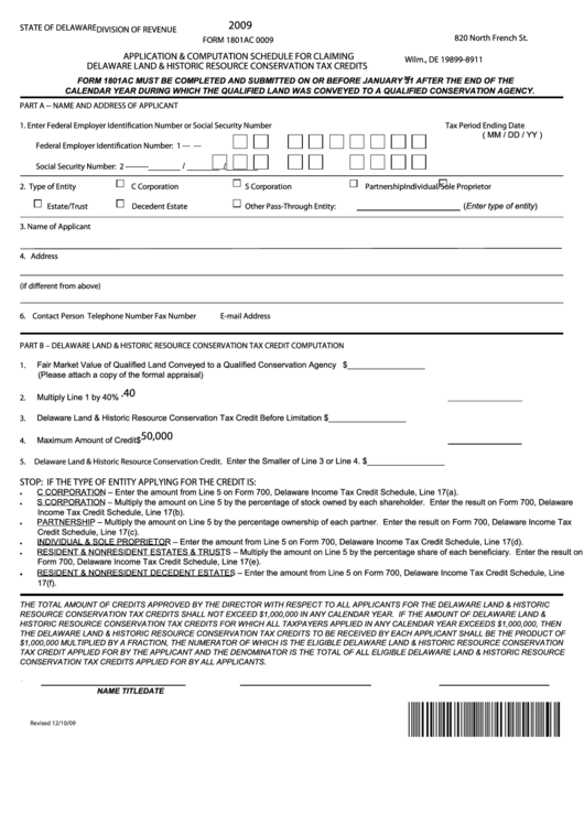 Form 1801ac 0009 - Application & Computation Schedule For Claiming Delaware Land & Historic Resource Conservation Tax Credits - 2009 Printable pdf