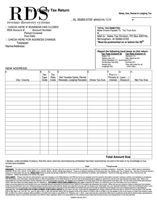 Rds City & County Tax Return Form - 2012 Printable pdf