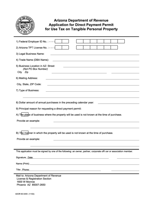 Fillable Application For Direct Payment Permit For Use Tax On Tangible Personal Property Form - Arizona Department Of Revenue, Arizona Printable pdf