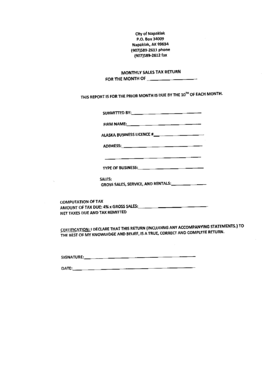 Monthly Sales Tax Return Form - City Of Napakiak, Alaska Printable pdf