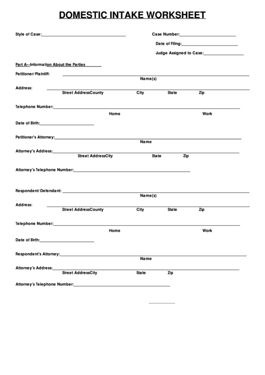 Fillable Domestic Intake Worksheet Printable pdf