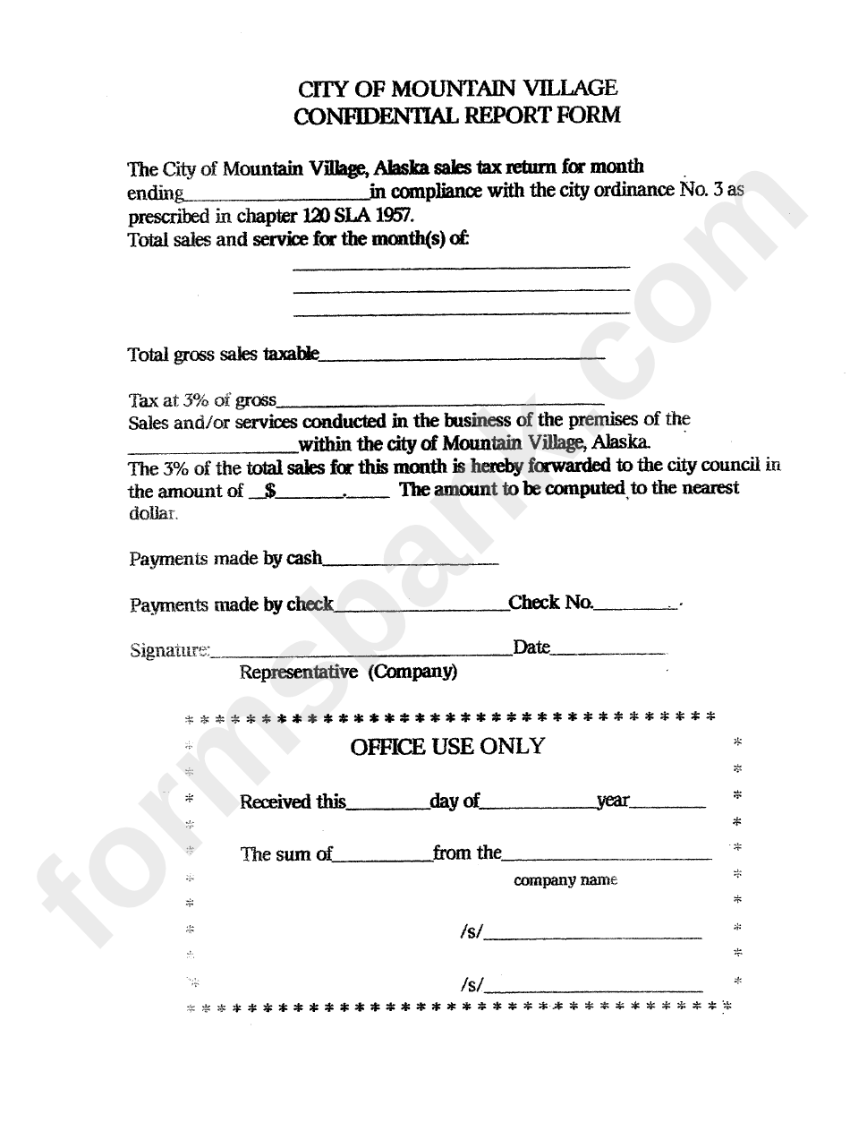 Confidential Tax Report Form - City Of Mountain Village, Alaska