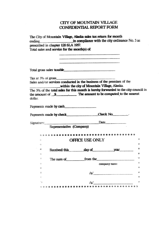 Confidential Tax Report Form - City Of Mountain Village, Alaska Printable pdf