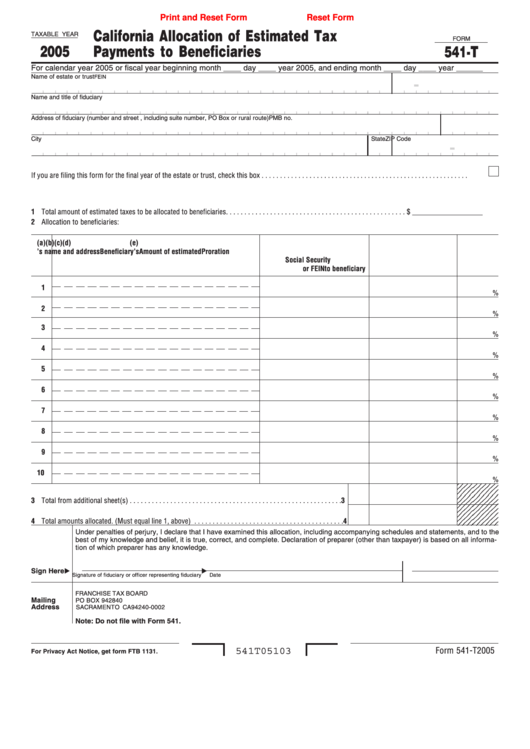 Fillable Form 541-T - California Allocation Of Estimated Tax Payments To Beneficiaries - 2005 Printable pdf
