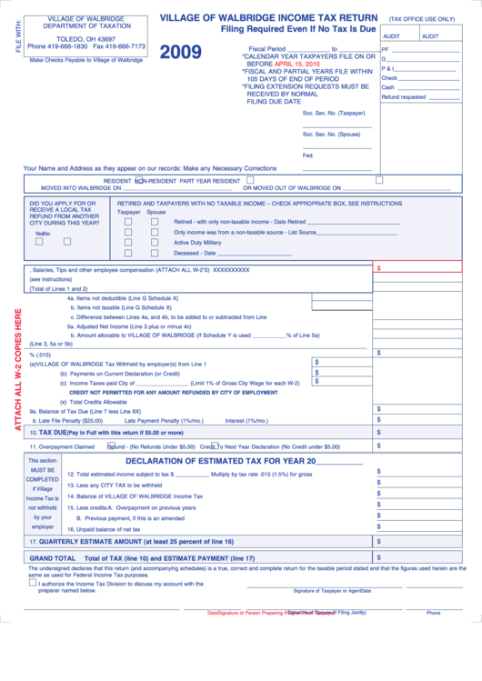 Village Of Walbridge Income Tax Return - 2009 Printable pdf