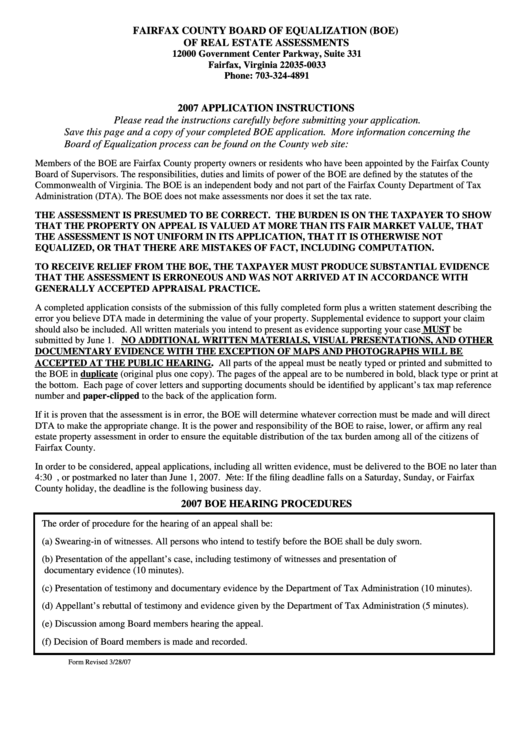 Application For Equalization Of Real Property Assessment - Fairfax County Board Of Equalization - 2007 Printable pdf