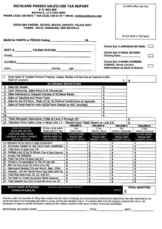 Sales/use Tax Report Form - Richland Printable pdf