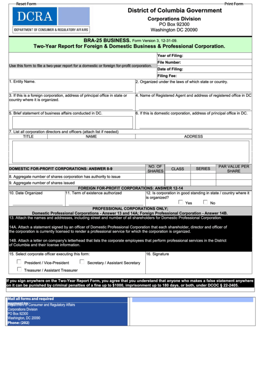 Fillable Form Bra-25 - Two-Year Report For Foreign & Domestic Business & Professional Corporation Printable pdf