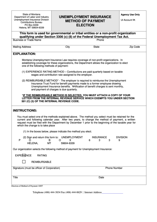 Form For Unemployment Insurance Method Of Payment Election Printable pdf
