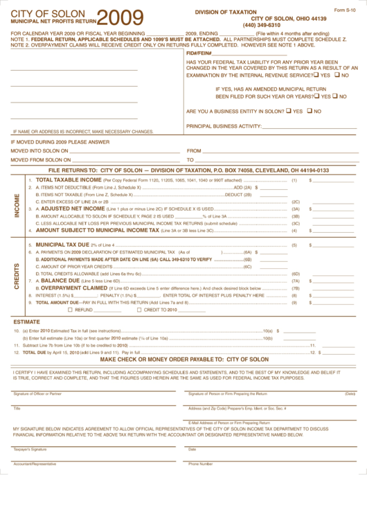 Form S-10 - Municipal Net Profits Return - City Of Solon - 2009 Printable pdf