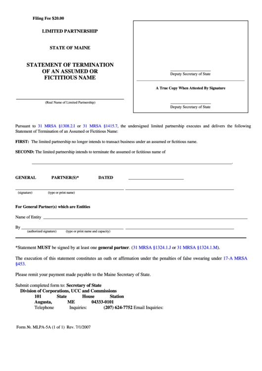 Fillable Form Mlpa5a Statement Of Termination Of An Assumed Or