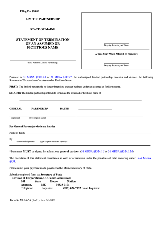Fillable Form Mlpa-5a - Statement Of Termination Of An Assumed Or Fictitious Name Printable pdf