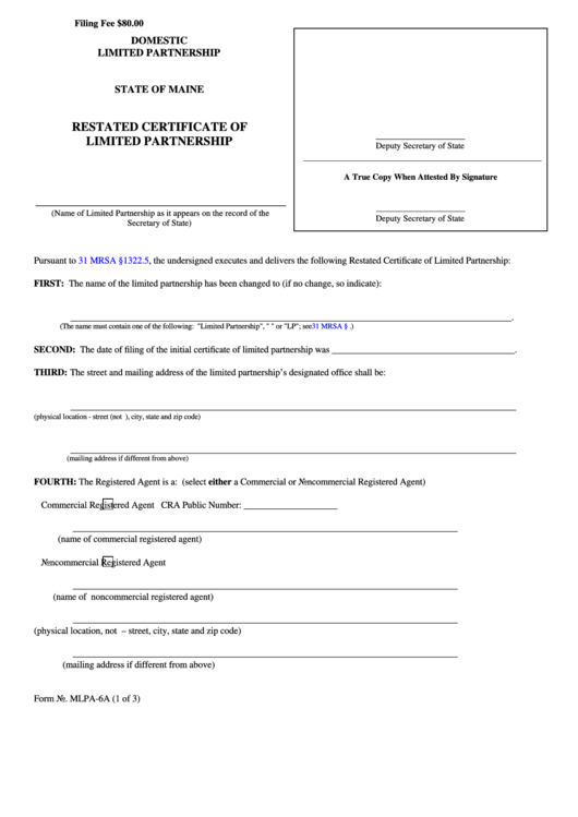 Fillable Form Mlpa-6a - Restated Certificate Of Limited Partnership/filer Contact Cover Letter Printable pdf
