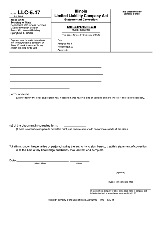Fillable Form Llc-5.47 - Illinois Limited Liability Company Act Statement Of Correction Printable pdf