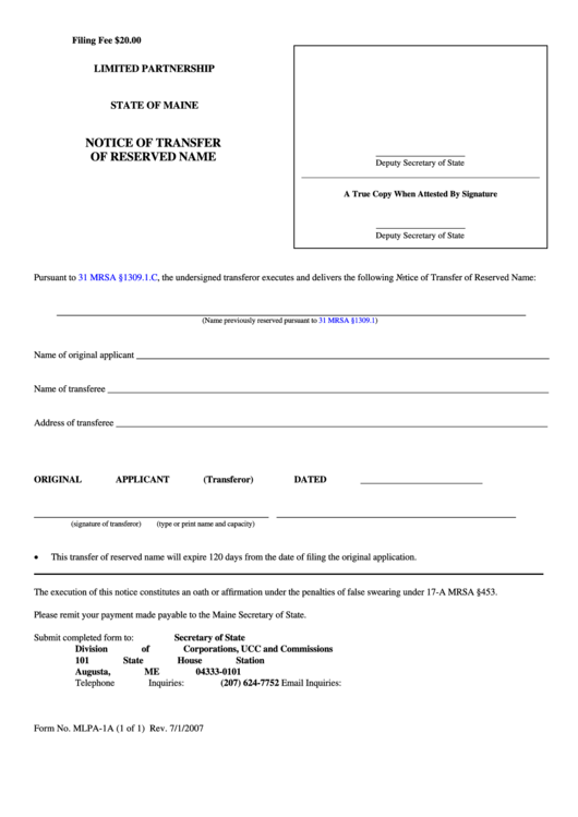 Fillable Form Mlpa-1a - Limited Partnership Notice Of Transfer Of Reserved Name Printable pdf