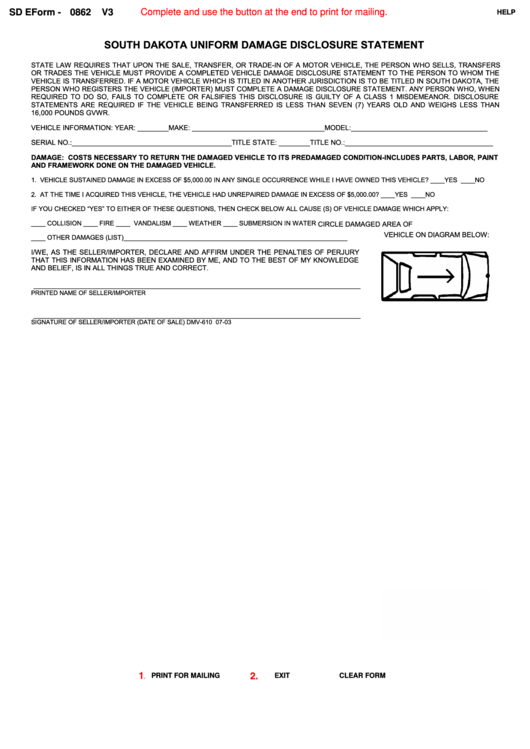 Fillable Sd Eform 0862 - South Dakota Uniform Damage Disclosure Statement Printable pdf