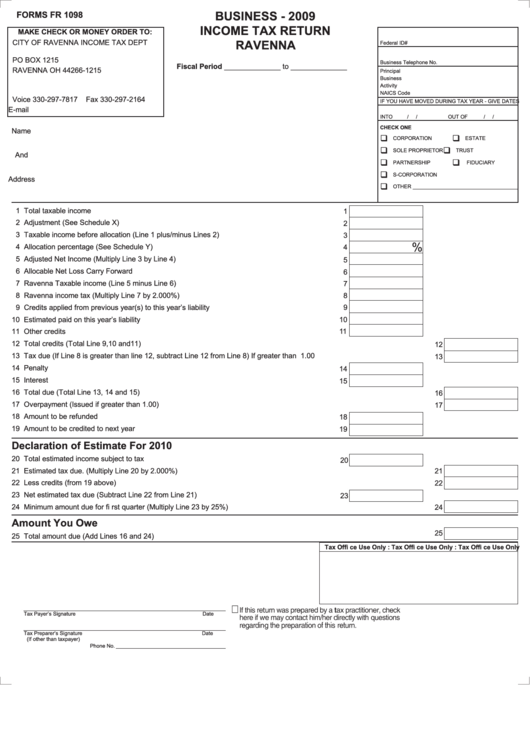 Form Fr 1098 - Business Income Tax Return Ravenna - 2009 Printable pdf