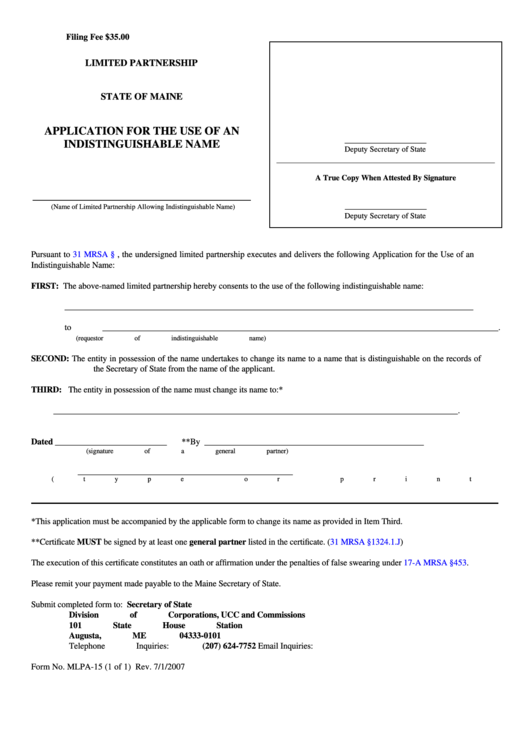 Fillable Form Mlpa-15 - Application For The Use Of An Indistinguishable Name Printable pdf