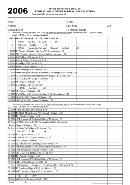 Form 2333me - Order Form For 2006 Tax Forms Printable pdf