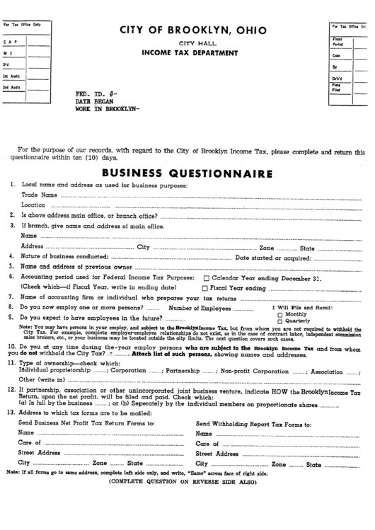 Business Questionnaire -Income Tax Department- City Of Brooklyn- Form Printable pdf