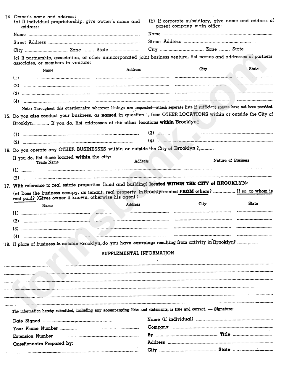 Business Questionnaire -Income Tax Department- City Of Brooklyn- Form